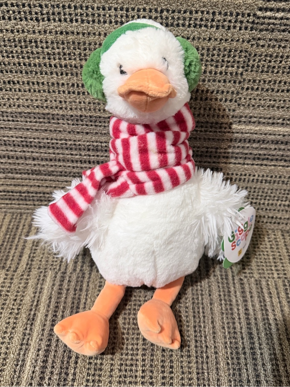 Plush White Duck Toy with Green Earmuffs and Red Striped Scarf